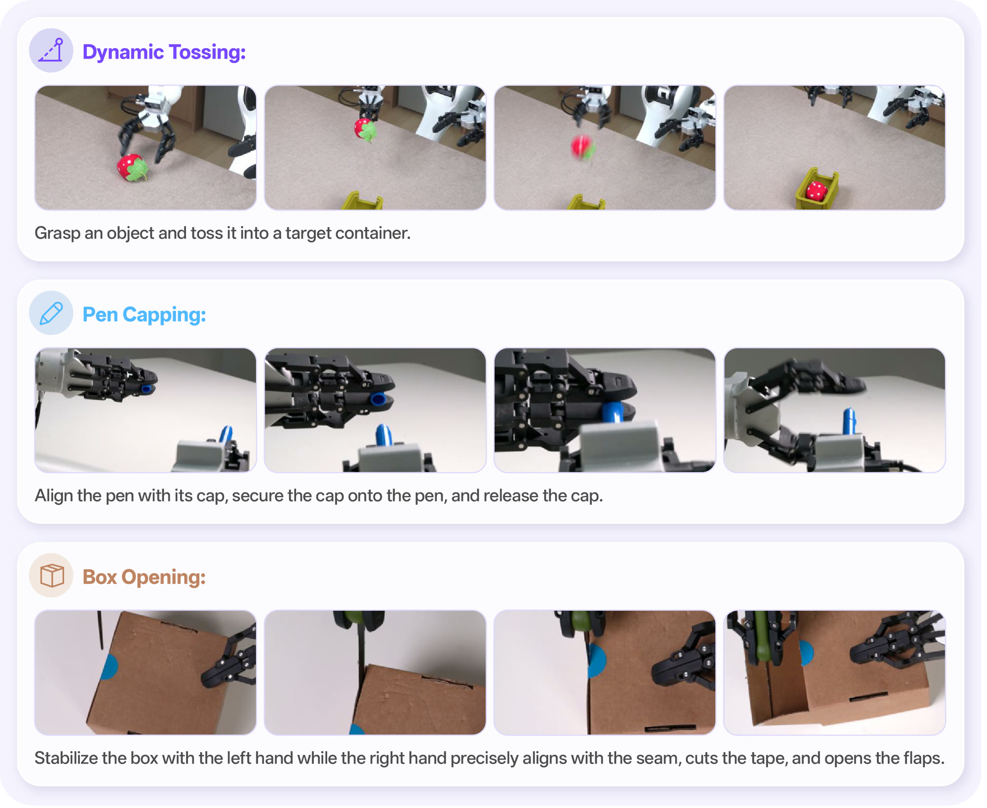 Three evaluation tasks: Dynamic Tossing, Pen Capping, Box Opening